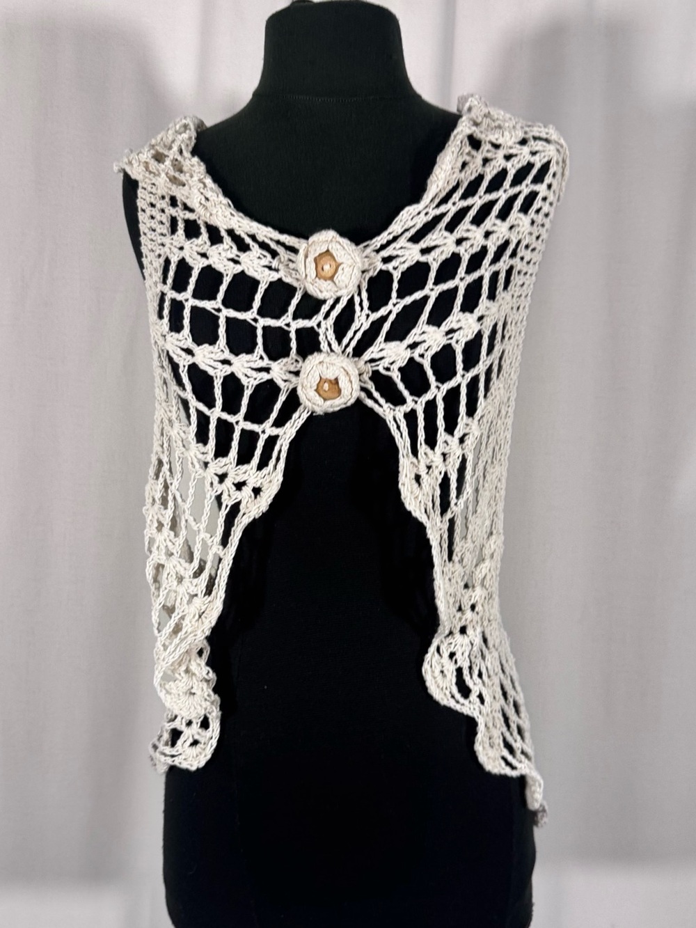 Vintage Crochet Open Knit Ivory Boho Vest Cover Up